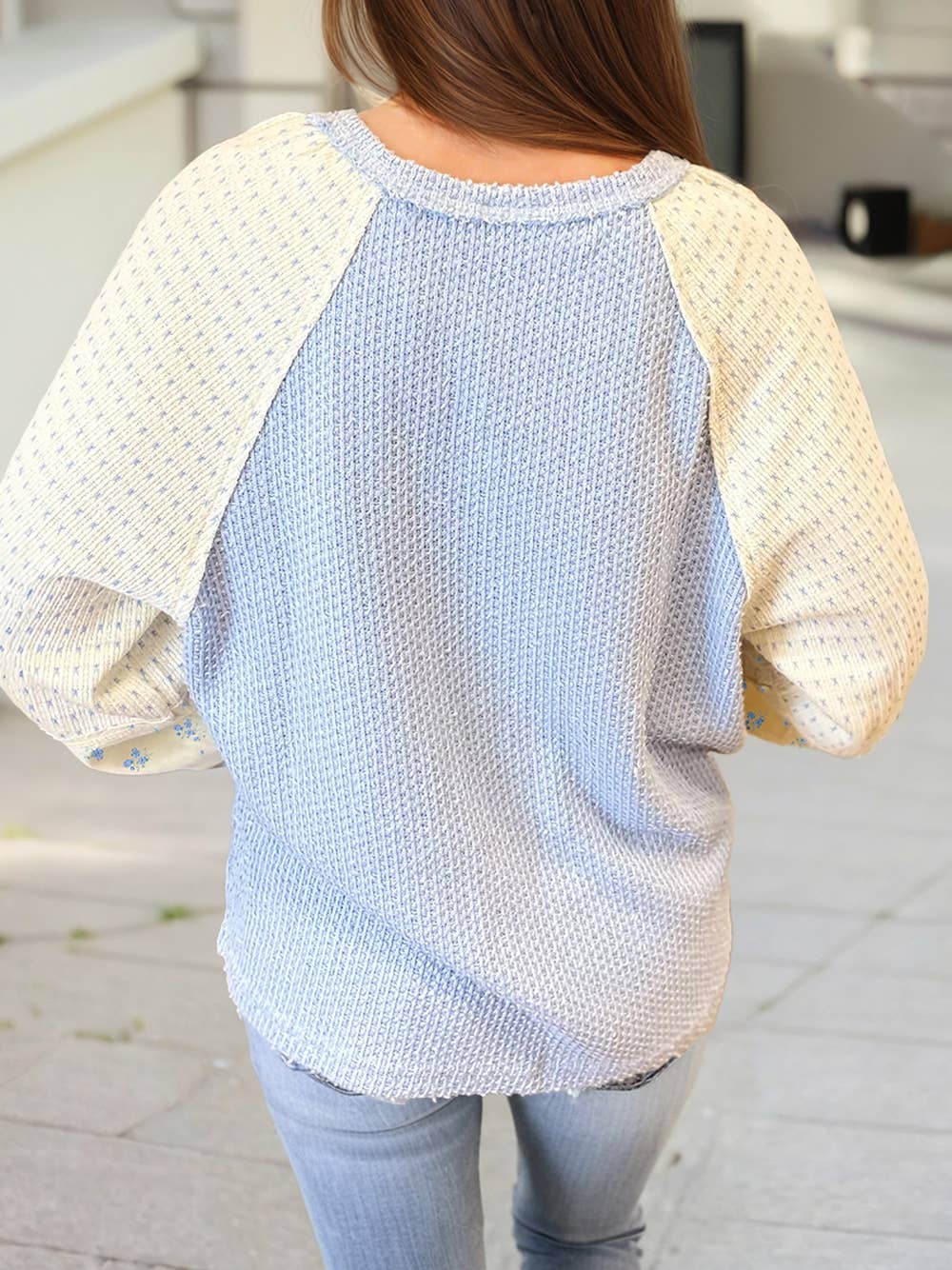 Spring Textured Knit Floral Patchwork Long Sleeve Top