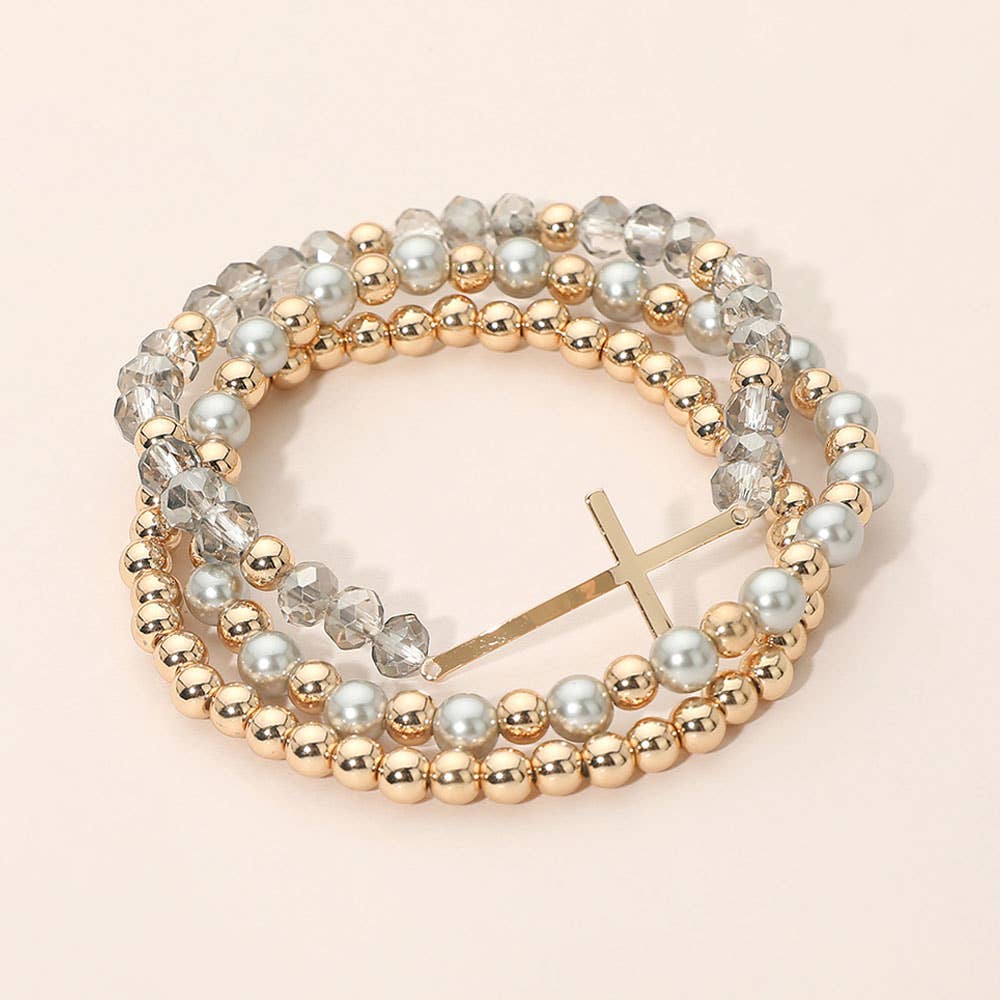 3PCS - Cross Charm Pearl Metal Ball Faceted Beaded Stretch Multi Layered Bracelets
