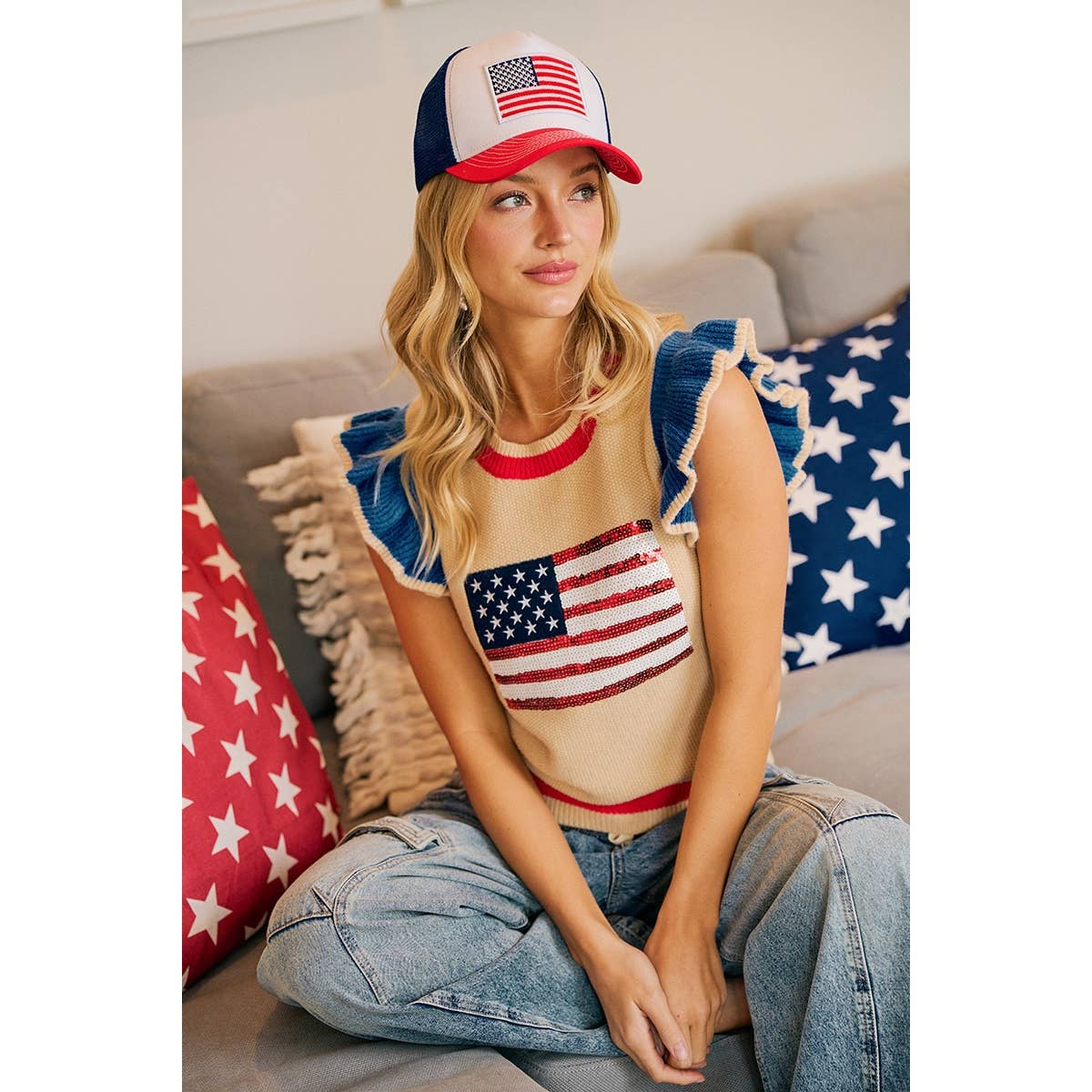 4TH OF JULY THEME SEQUIN AMERICA FLAG KNIT TOP
