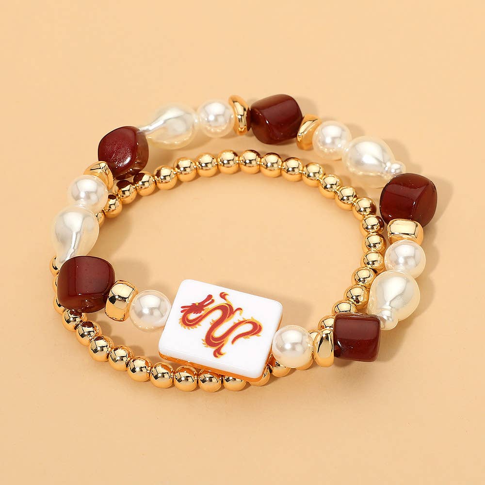2PCS - Mahjong Tile Pearl Beaded Stretch Multi Layered Bracelets