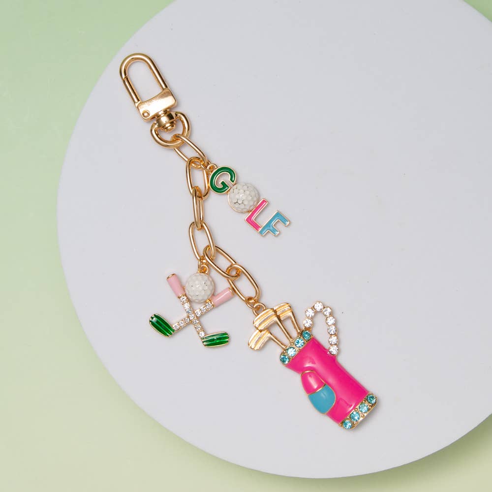 Golf Lettering with Ball, Golfer, and Caddy Charms Bag