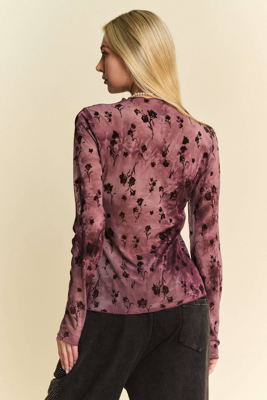 FLORAL MESH LONG SLEEVE SHEER LAYERING TOP