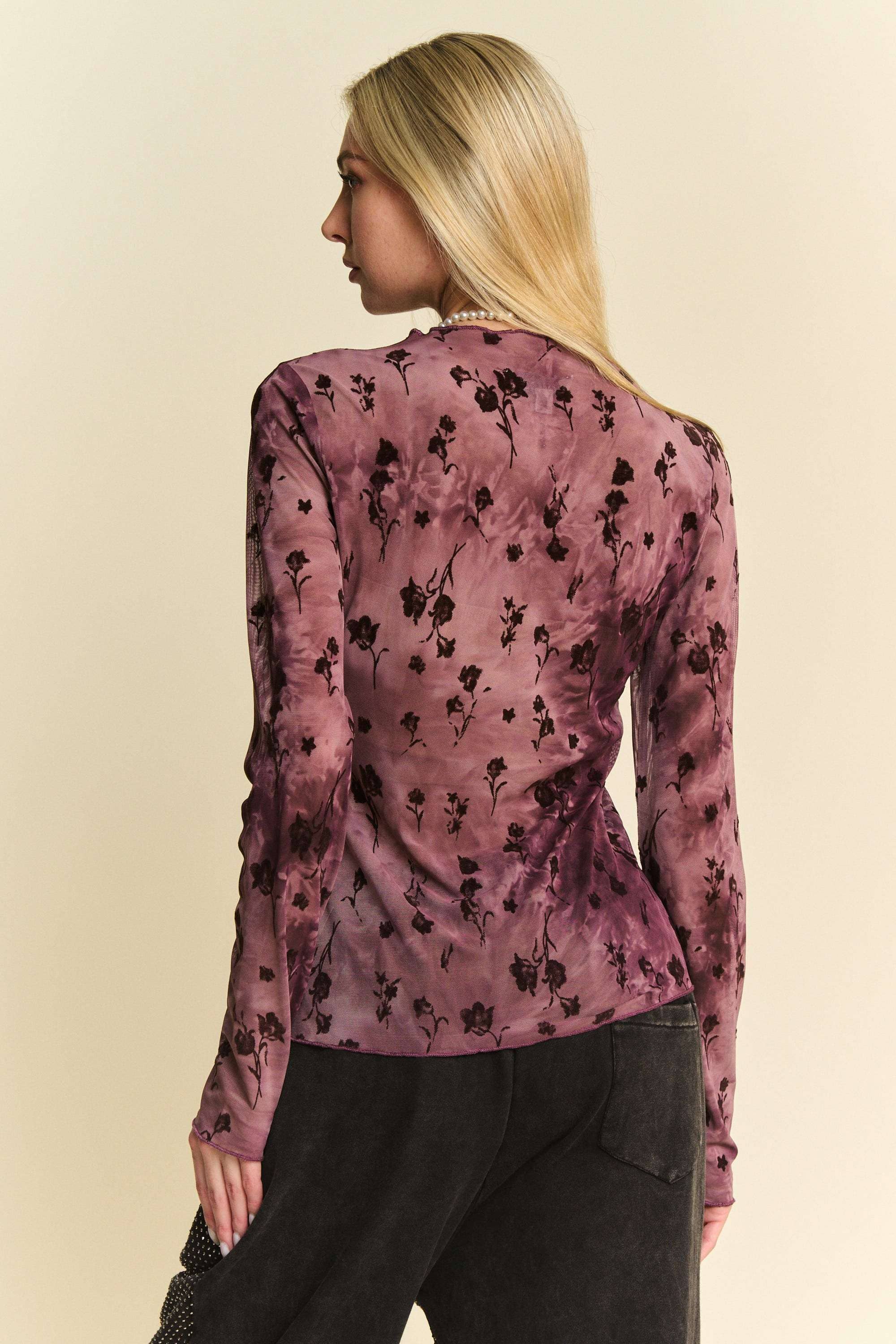 FLORAL MESH LONG SLEEVE SHEER LAYERING TOP