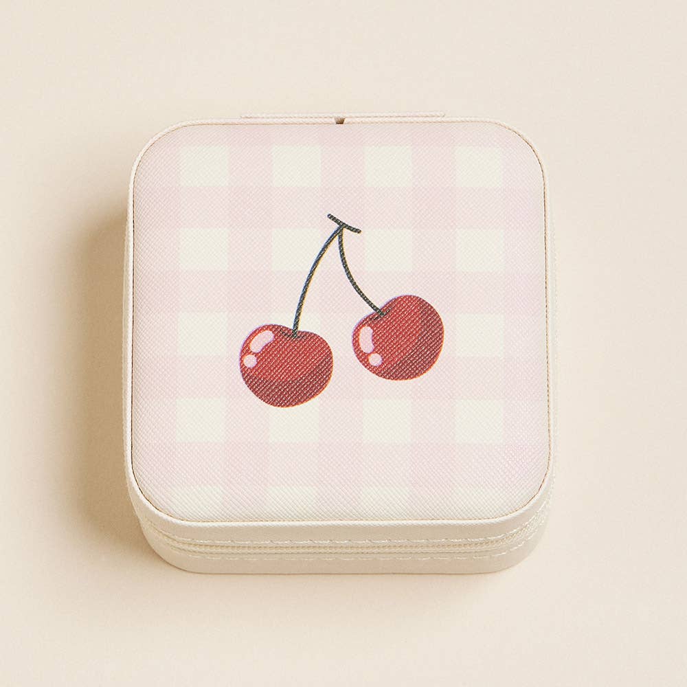 Cherry and Checker Pattern Portable Square Jewelry Box