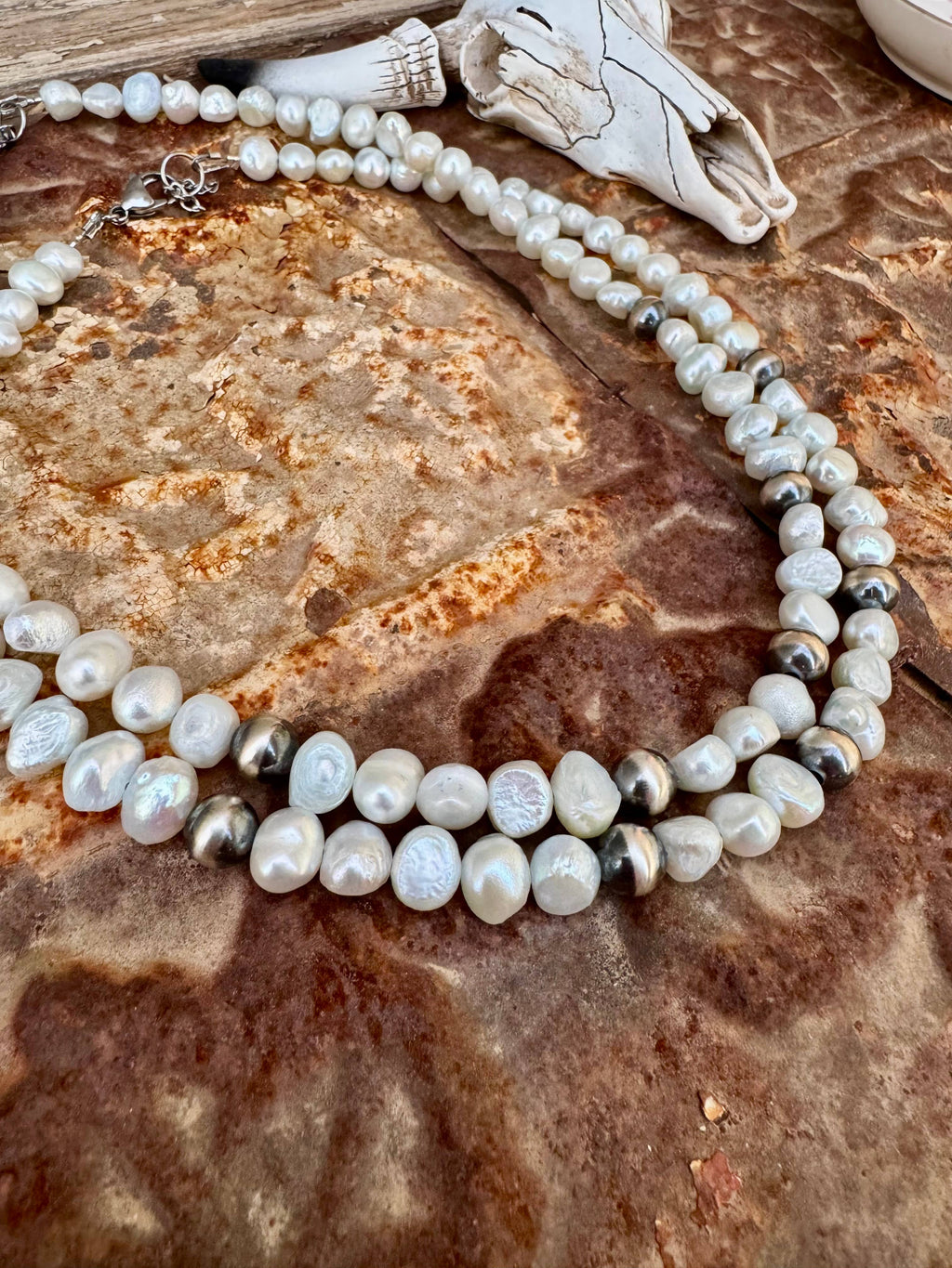 Large Navajo Pearl Necklace/Fresh water Pearl Choker/Boho