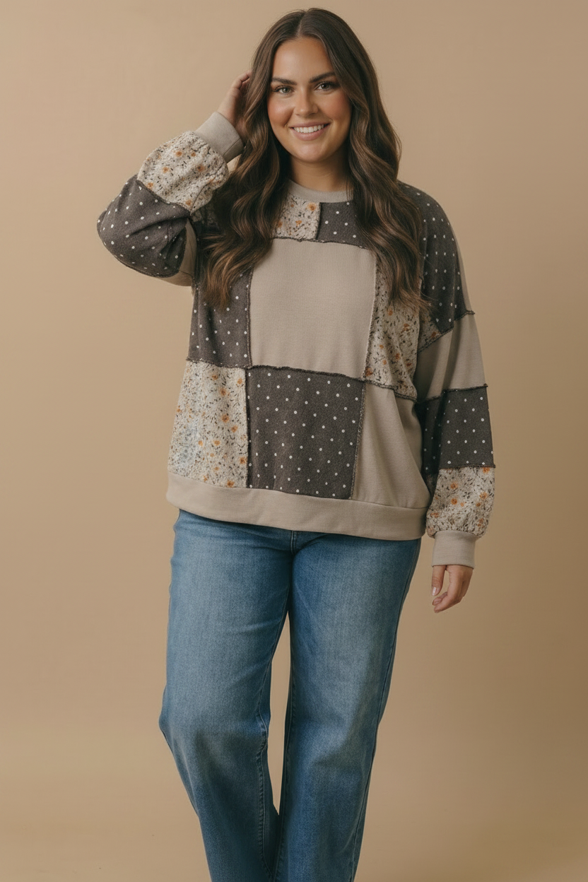 Plus Round Neck Mixed Print Patchwork Pullover