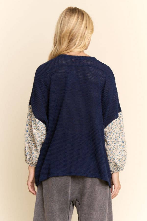 MULTI STAR PATCHWORK DITSY SLEEVE WAFFLE KNIT TOP