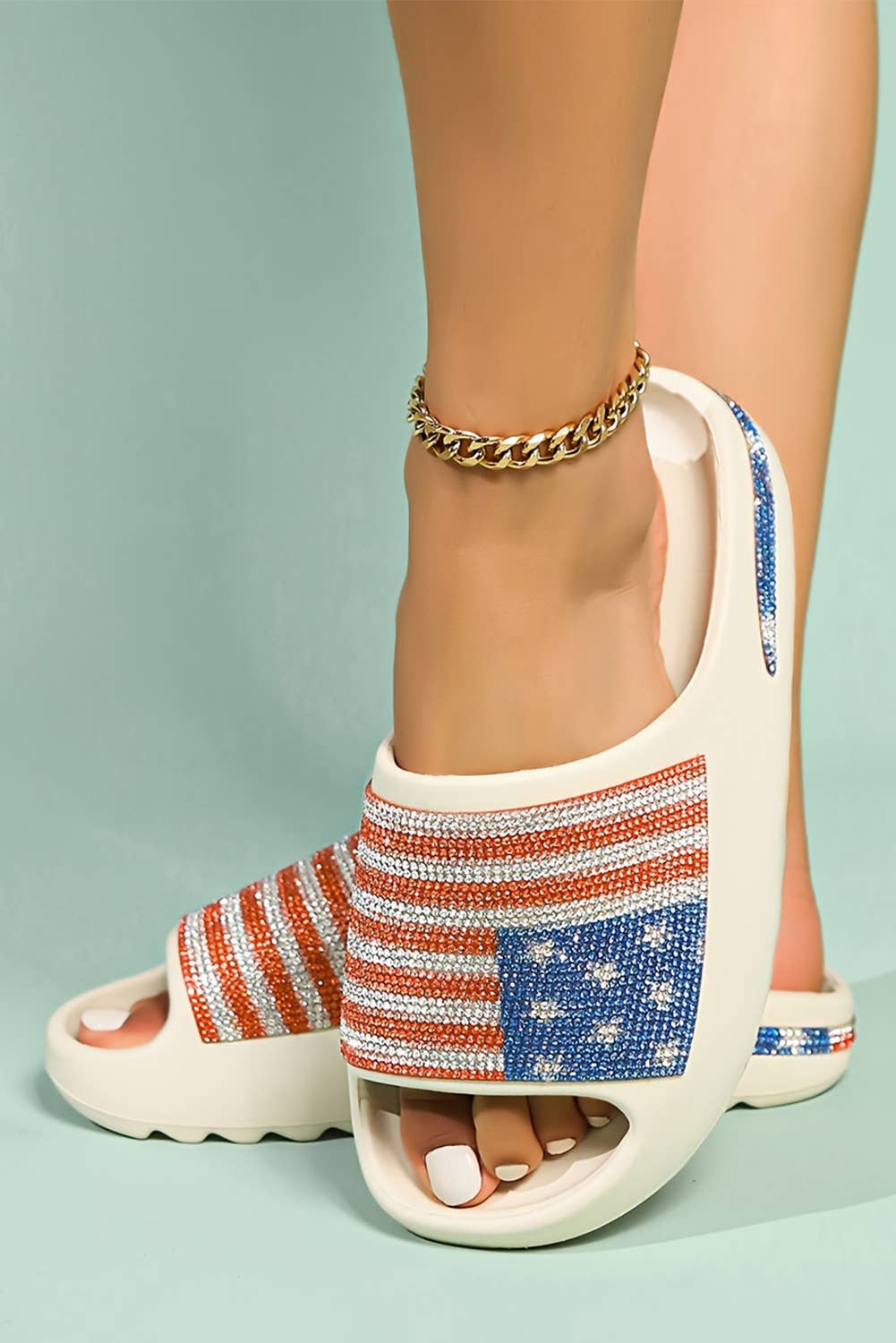 Rhinestone American Flag Thick Sole Slippers