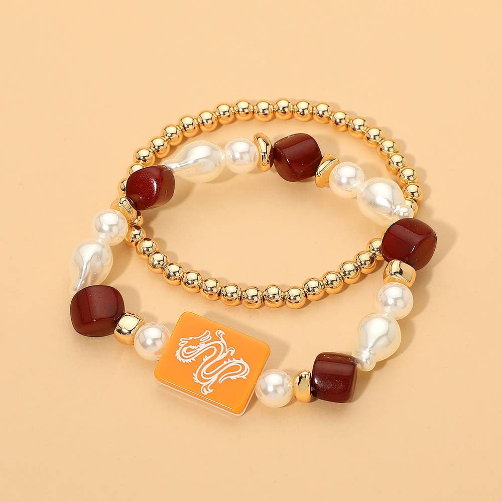 2PCS - Mahjong Tile Pearl Beaded Stretch Multi Layered Bracelets