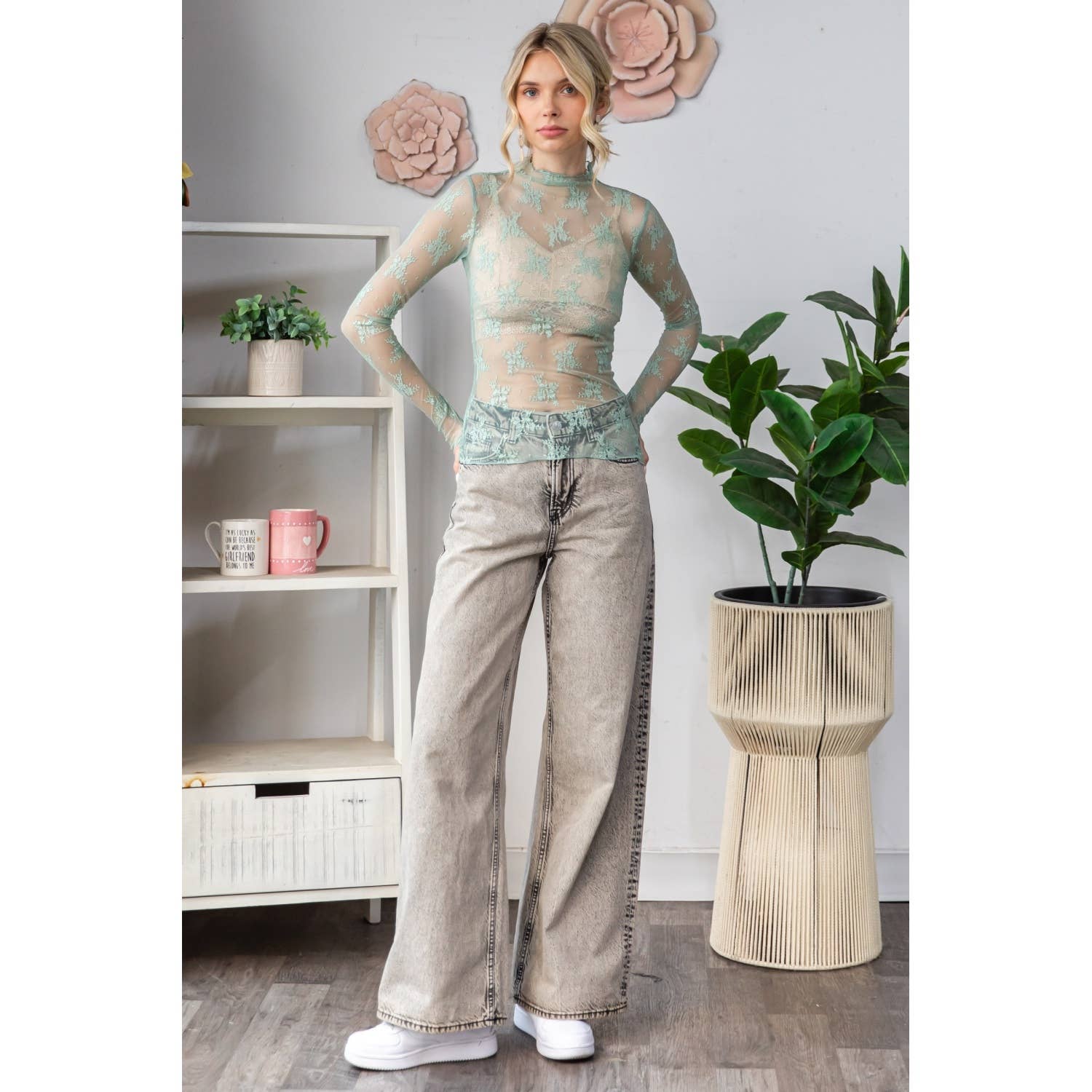 Lace Long Sleeve See Through Top