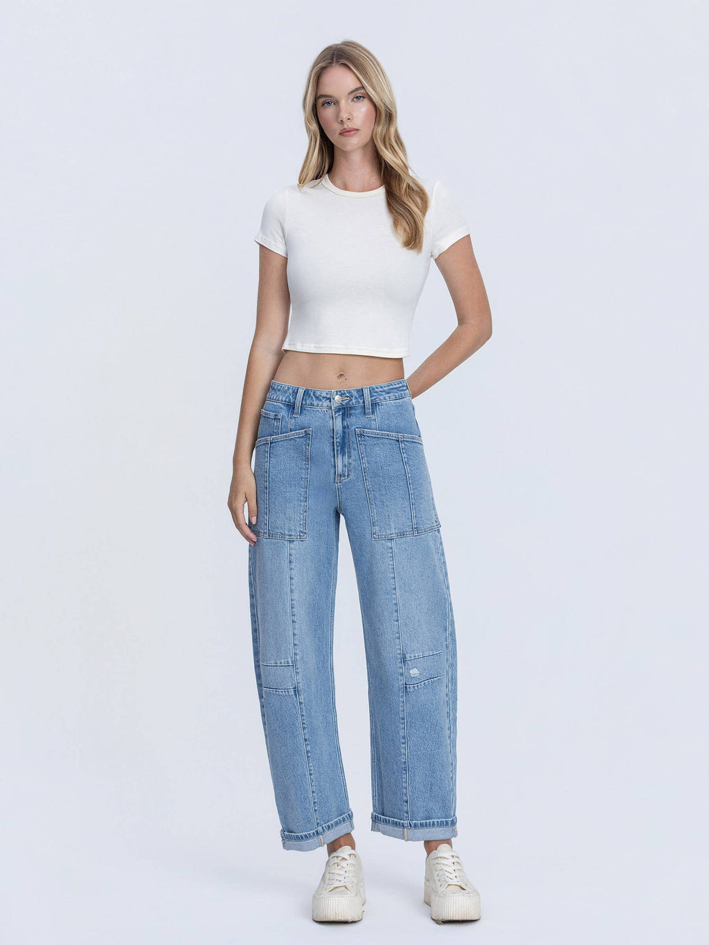 SUPER HIGH RISE PATCH POCKET CUFFED BARREL JEANS F9134
