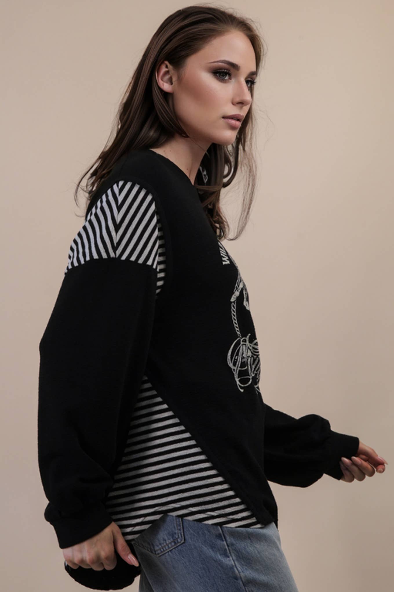 Oversized Mixed Media Western Graphic Knit Top