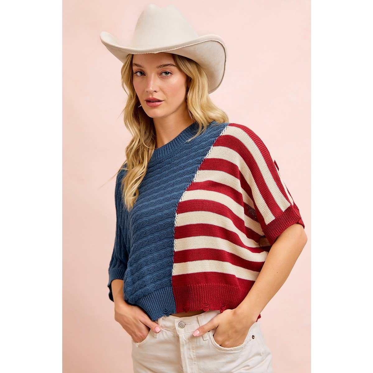 4TH OF JULY DIAGONAL STRIPE BLOCK TEXTURED KNIT TOP