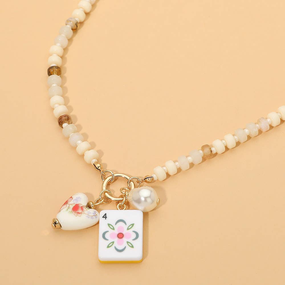 Mahjong Tile Charm Pearl Floral Bead Ball Charm Pendant Beaded Necklace