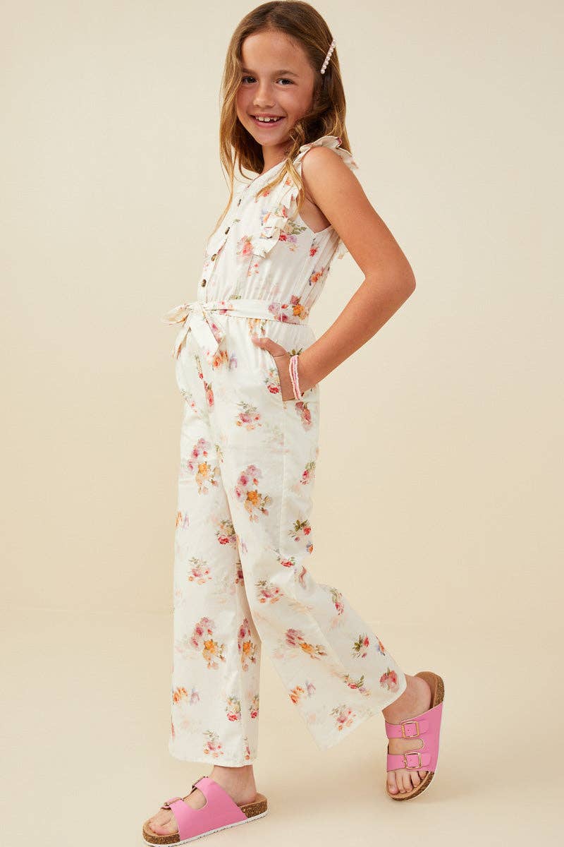Girls Romantic Floral Belted Sleeveless Jumpsuit