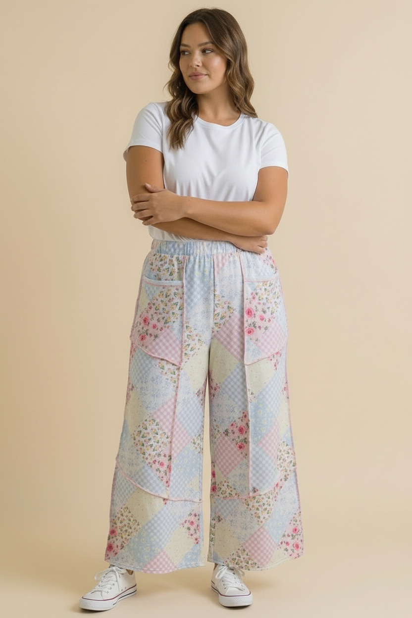 Plus Floral Patchwork Reverse Stitch Wide Leg Pant