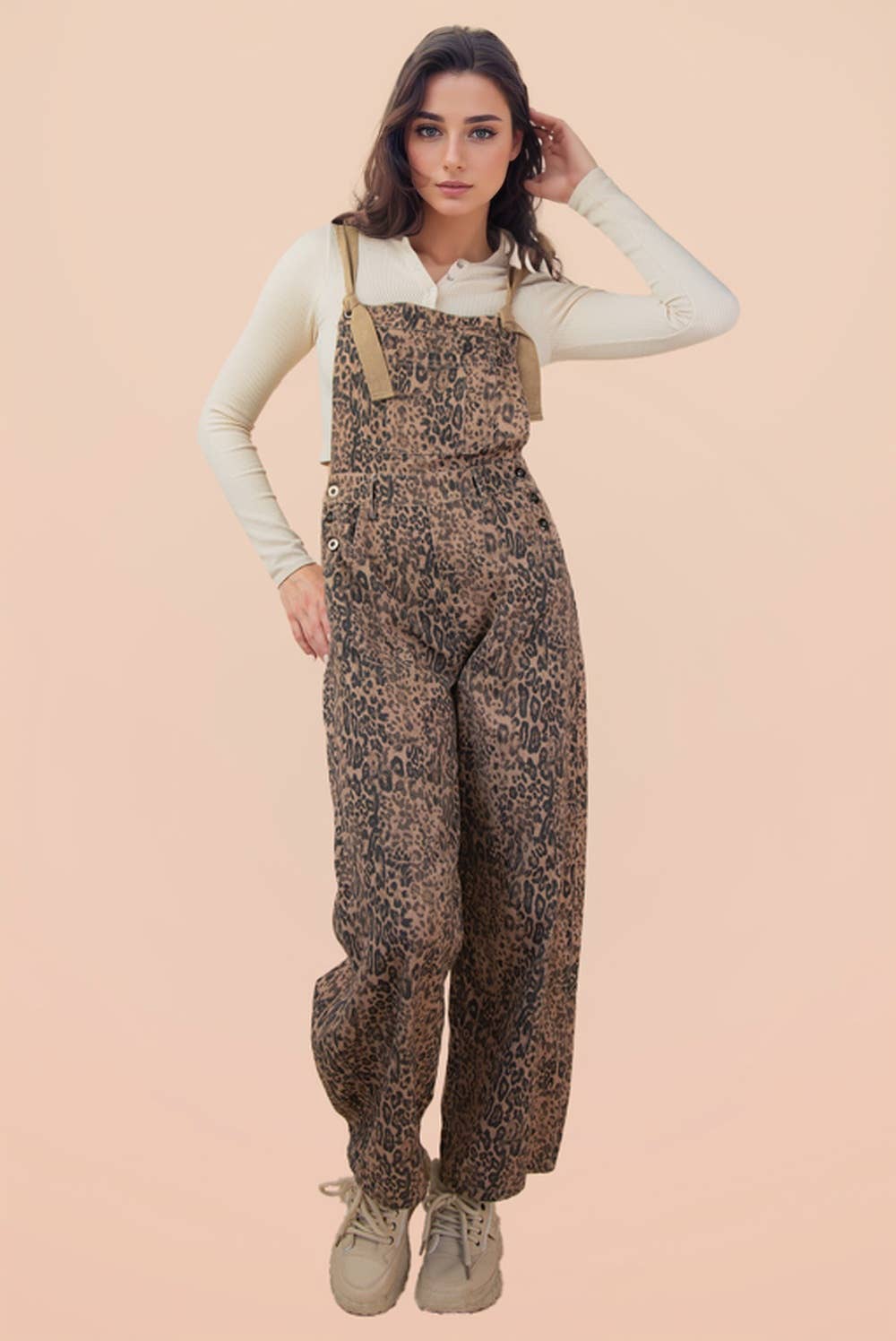 Leopard Print & Denim Barrel Leg Overall