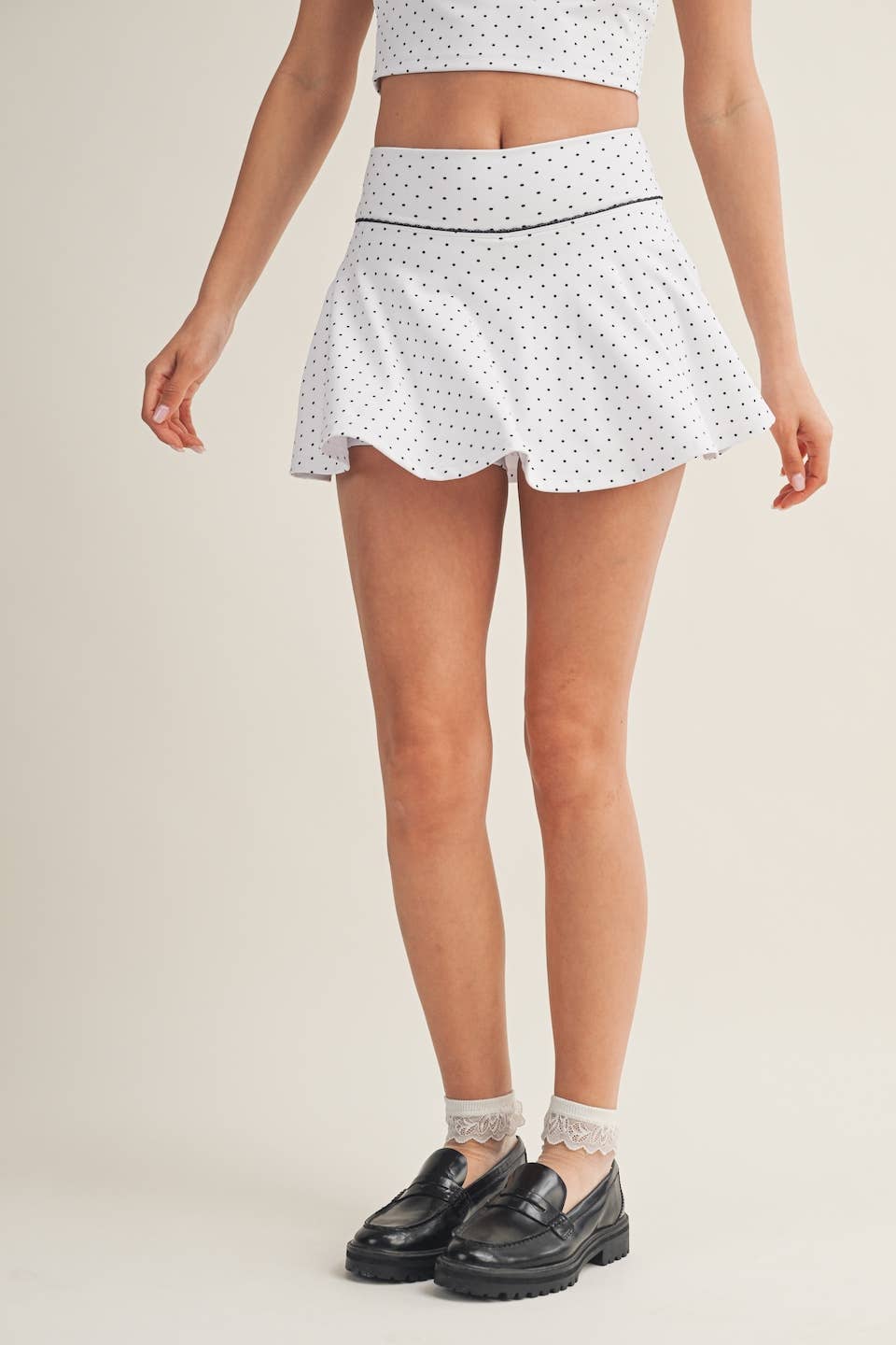 Polka Dot Print Mini Circle Skort with Bow Back and Lace Tri