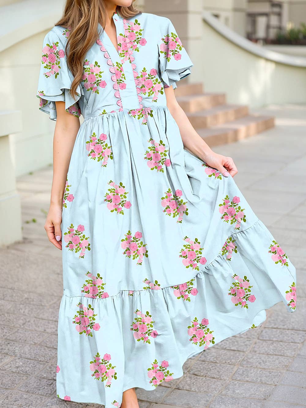 Plus Size V Neck Flutter Short Sleeve Floral Maxi Dresses