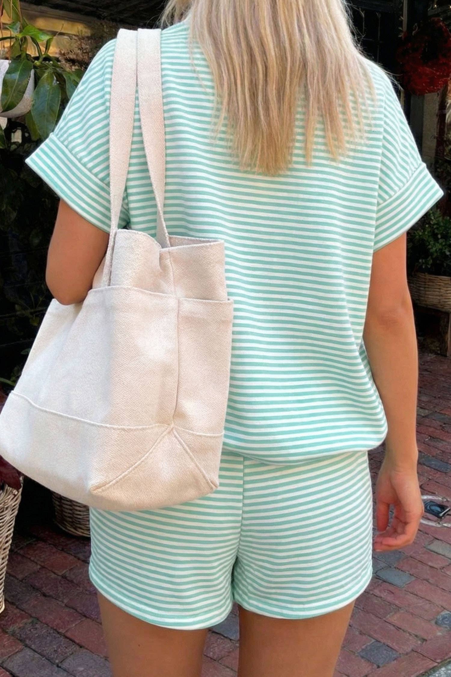 Mock Neck Tee Casual 2pcs Short Sets