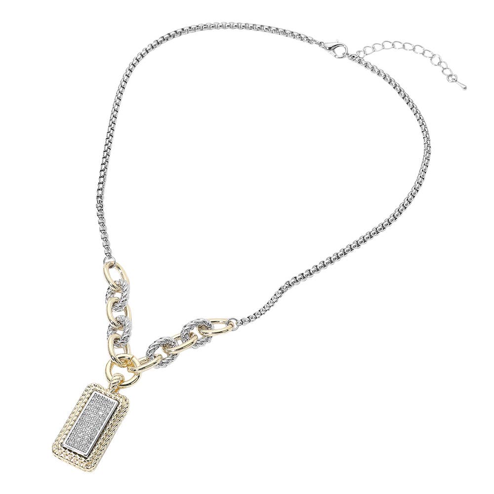 14K Gold Plated Two Tone CZ Pave Rectangle Pendant Necklace
