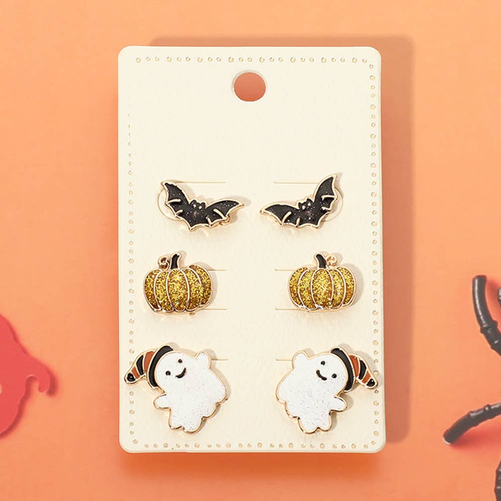 3Pairs - Halloween Bat Pumpkin Ghost Stud Earring Set