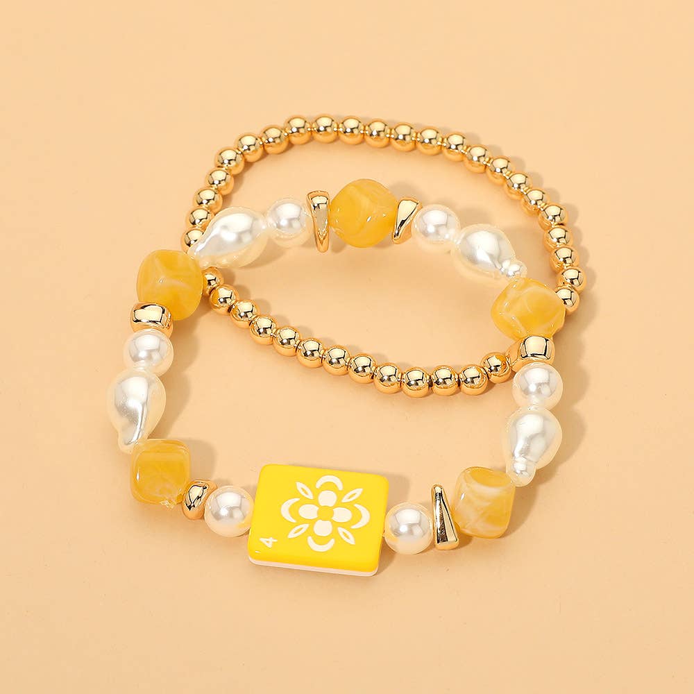 2PCS - Mahjong Tile Pearl Beaded Stretch Multi Layered Bracelets
