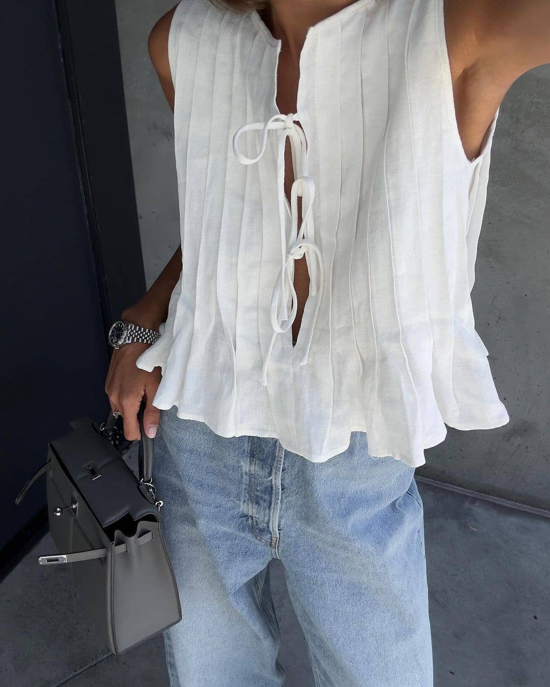 Viral top lace up bow tie front Pleated tank top