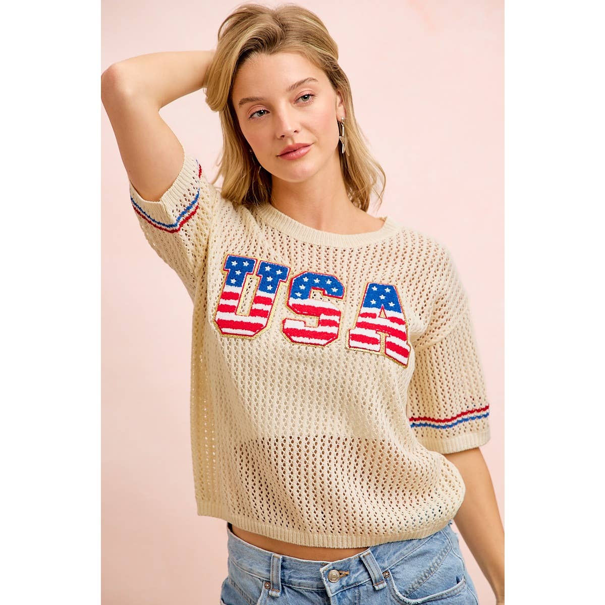 4TH OF JULY USA LETTERING PATHCH OPEN KNIT TOP