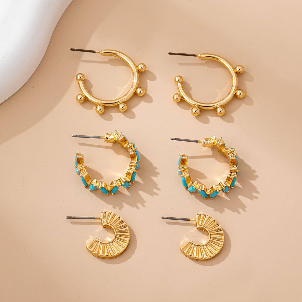 Gold Western inspired turquoise Enamel Hoop Trio Earring Set