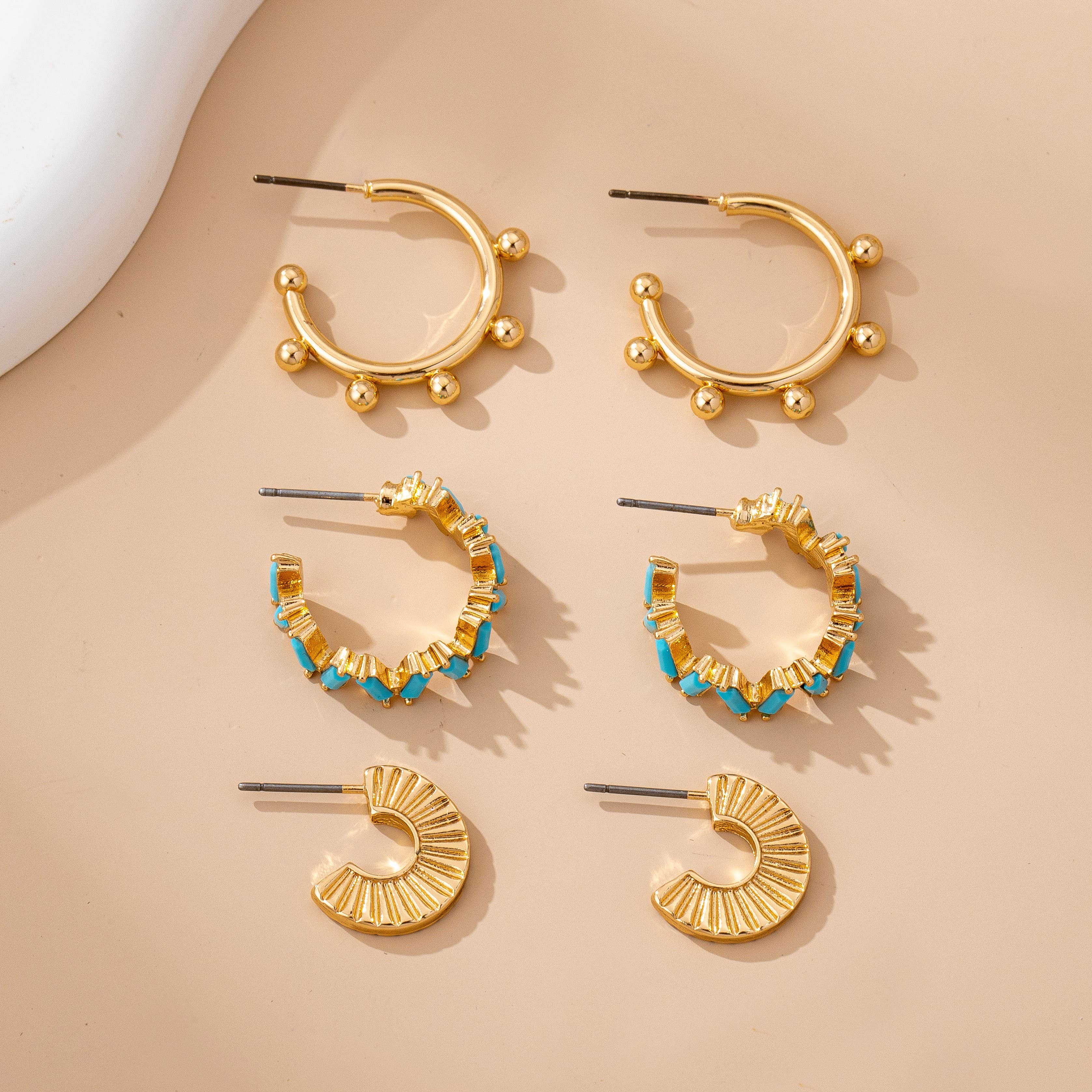 Gold Western inspired turquoise Enamel Hoop Trio Earring Set