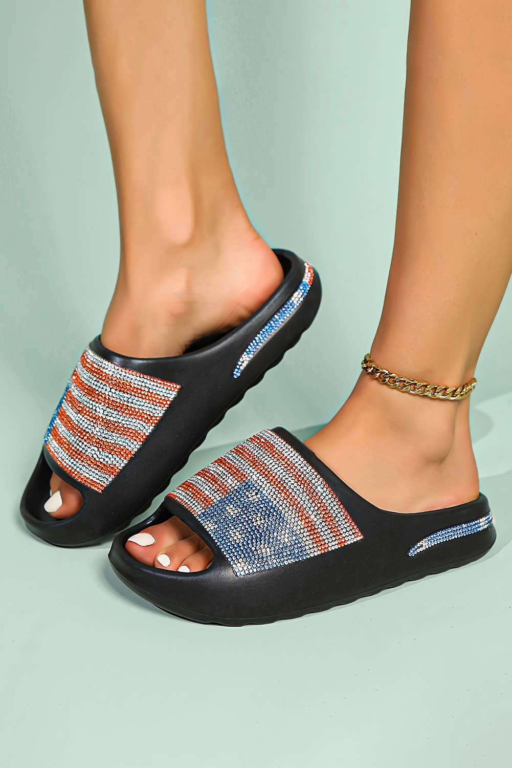 Rhinestone American Flag Thick Sole Slippers