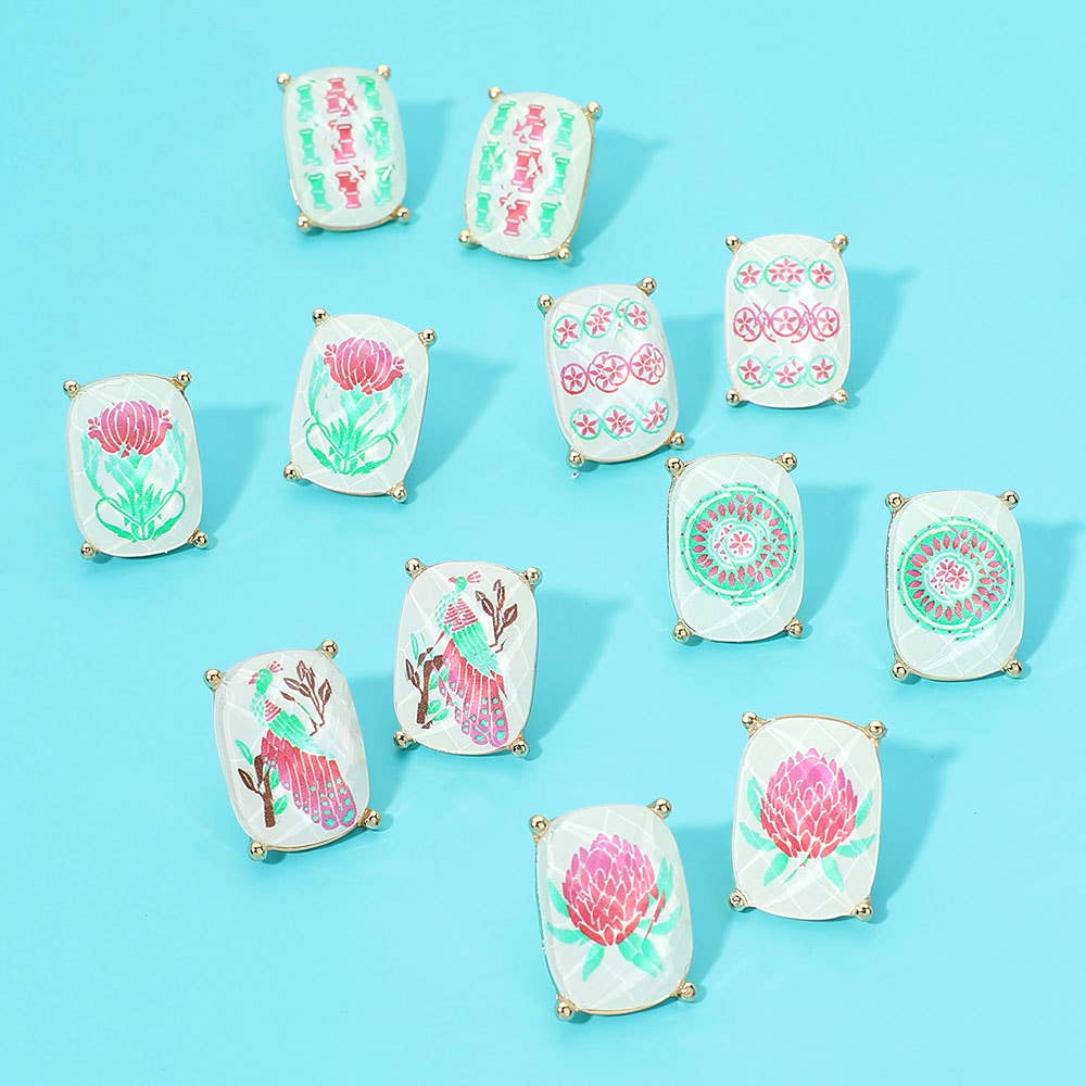 Rectangular Mahjong Tile Cluster Stud Earrings