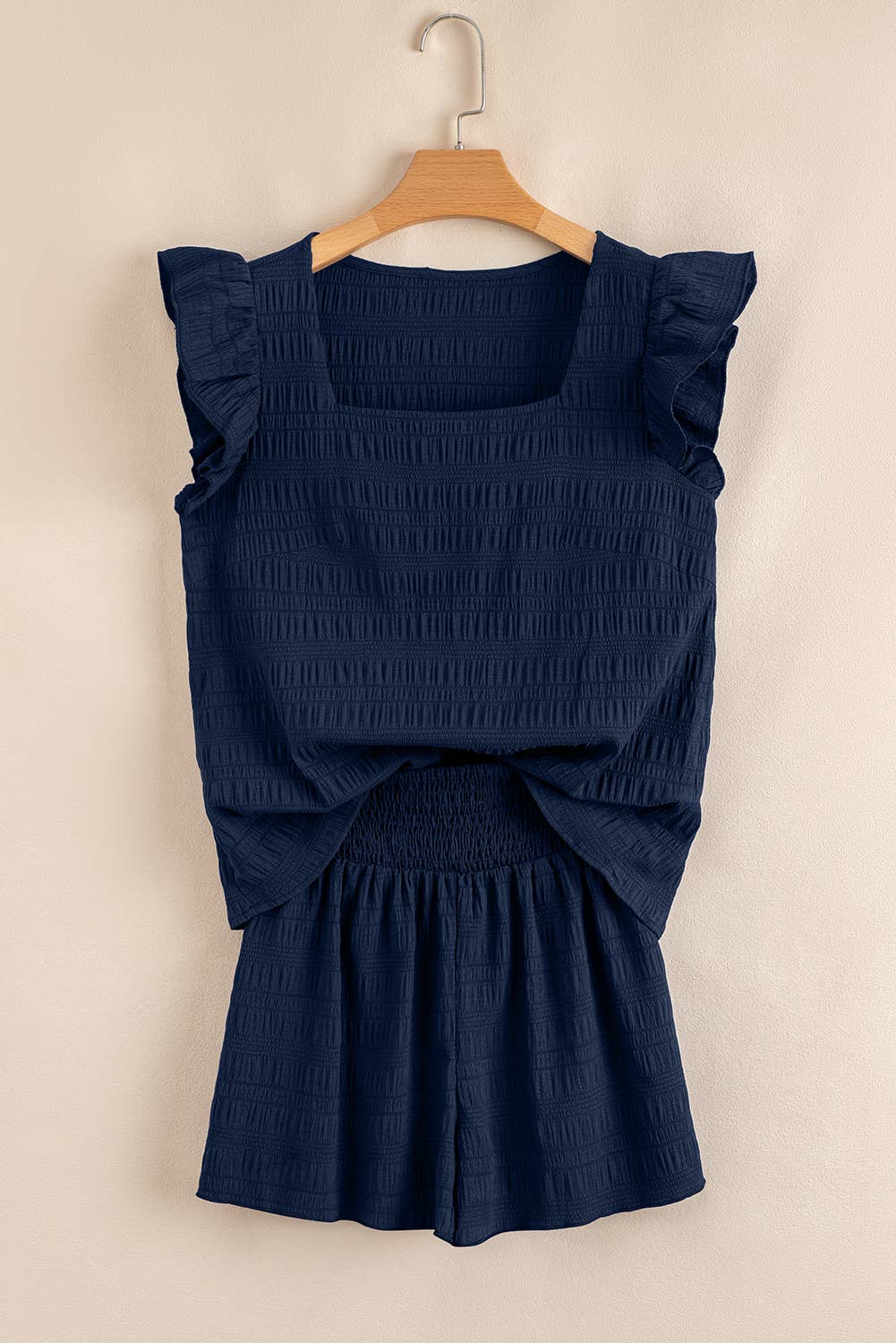 Textured Square Neck Ruffle Top and Shirred Shorts 2 Pcs Set