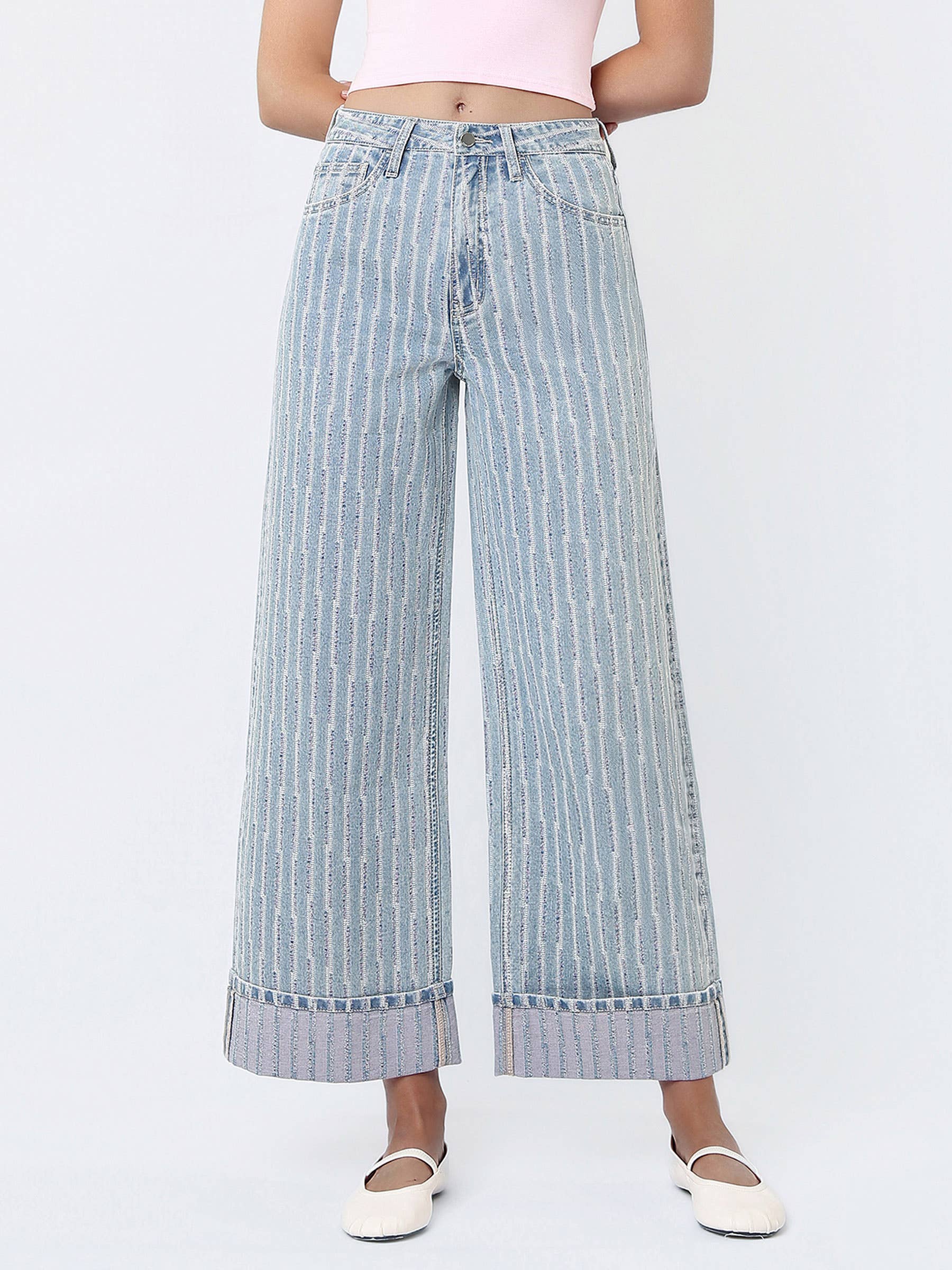 SUPER HIGH RISE CUFFED STRIPED WIDE LEG JEANS