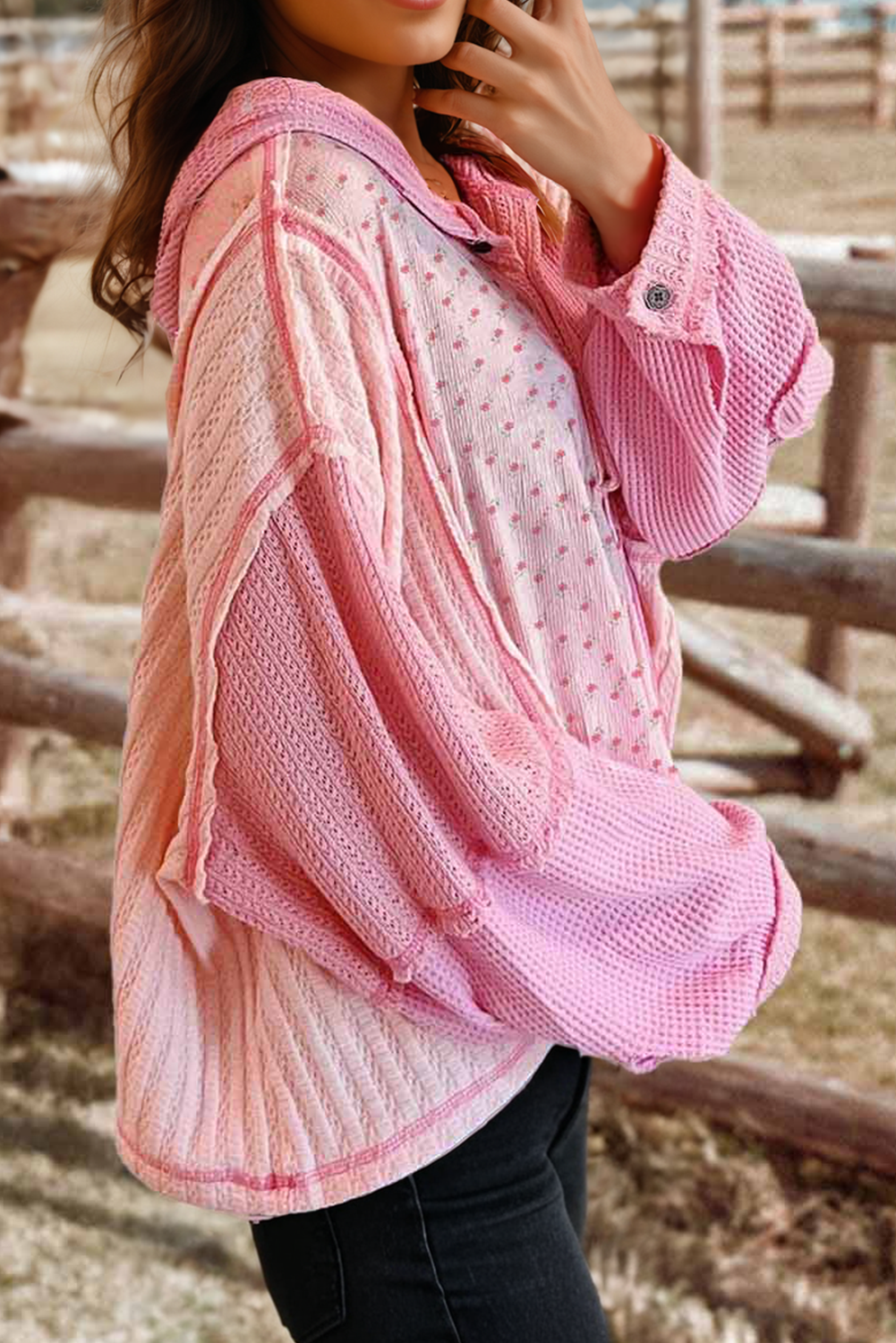 Pink Texture Floral Patched Hooded Oversize Pullover