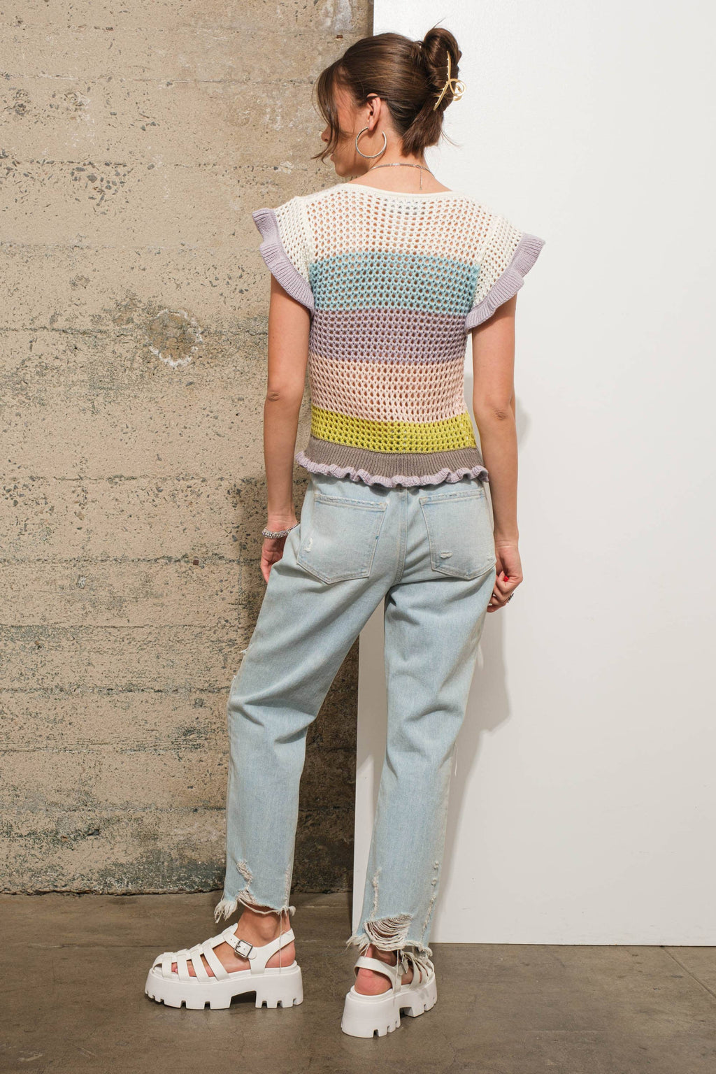 Crochet Knitted Multi Stripe Ruffle SLV Sweater Top