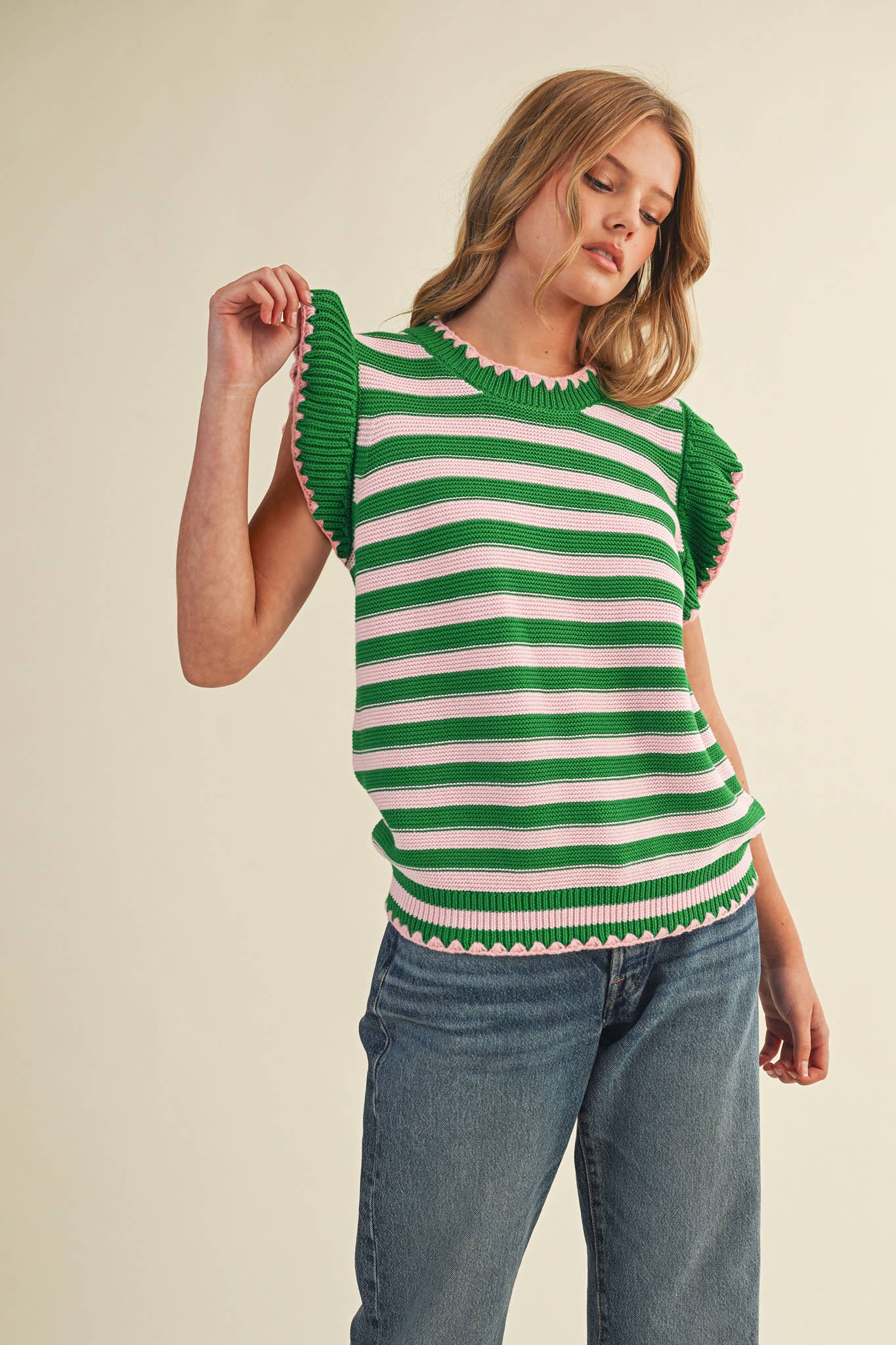 STRIPED FLUTTER SLEEVE SWEATER TOP