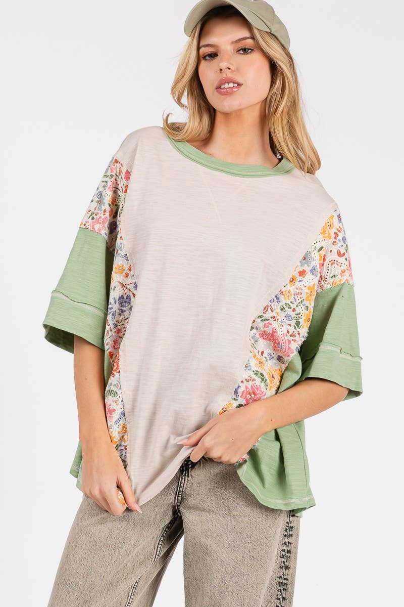 WASHED FLORAL PATCHWORK OVERSIZED CONTRAST TEE