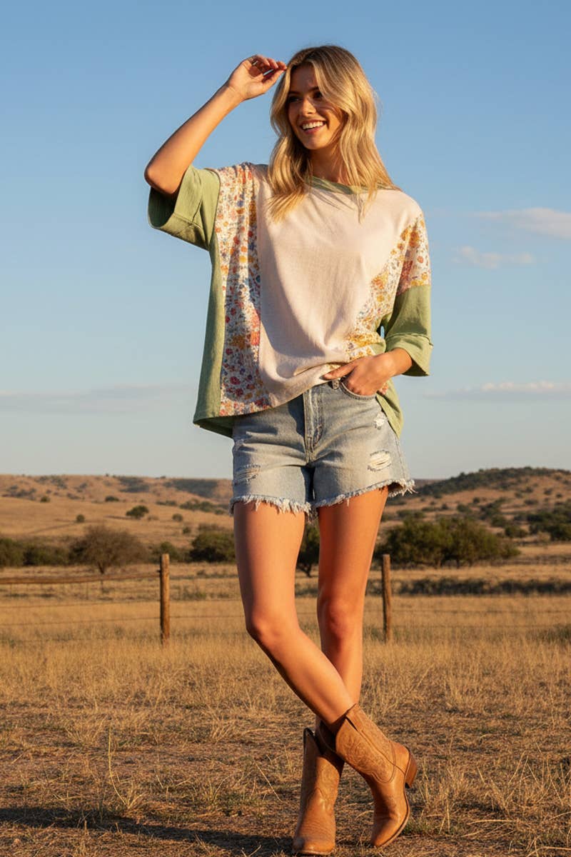 WASHED FLORAL PATCHWORK OVERSIZED CONTRAST TEE