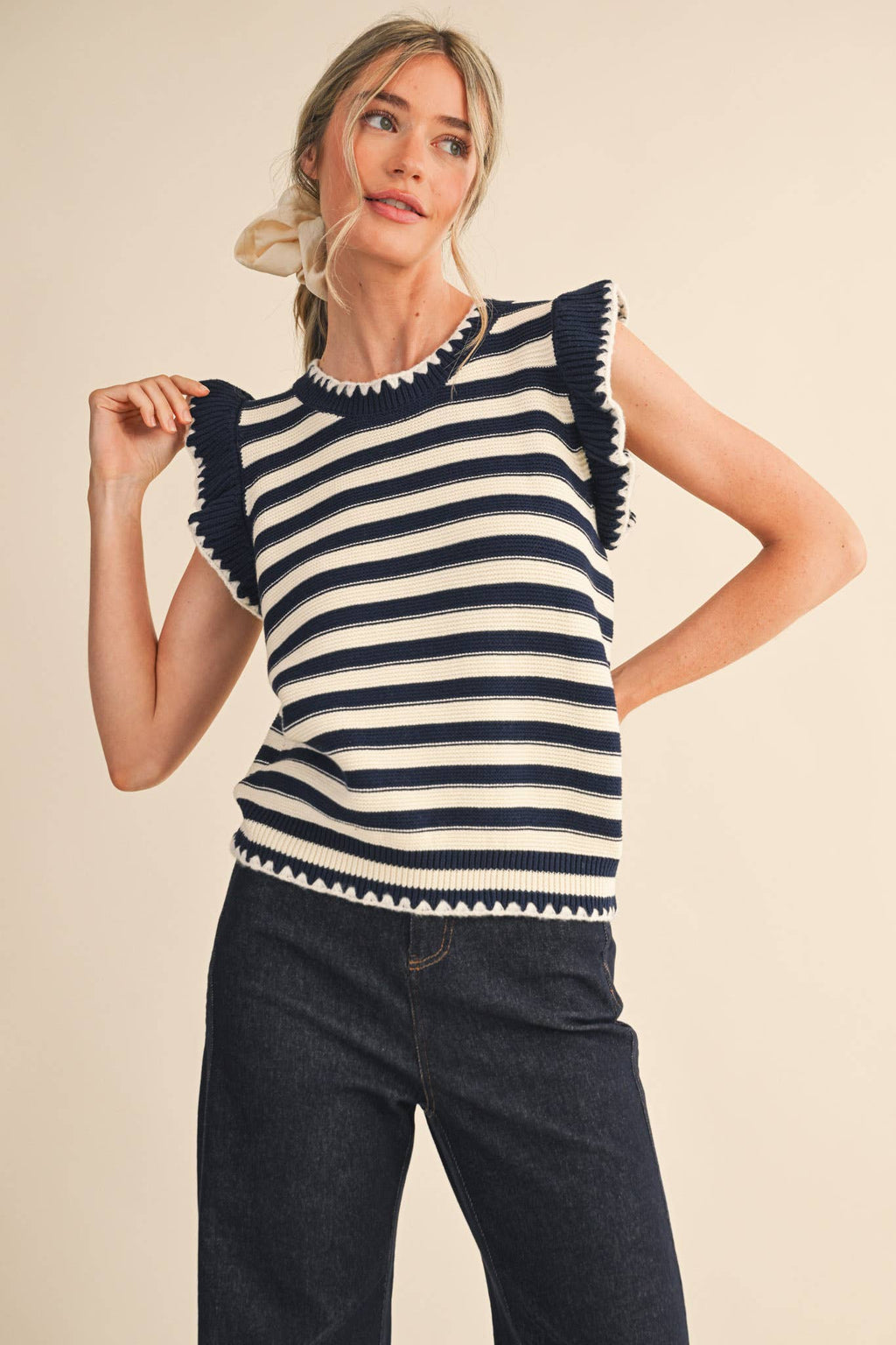 STRIPED FLUTTER SLEEVE SWEATER TOP