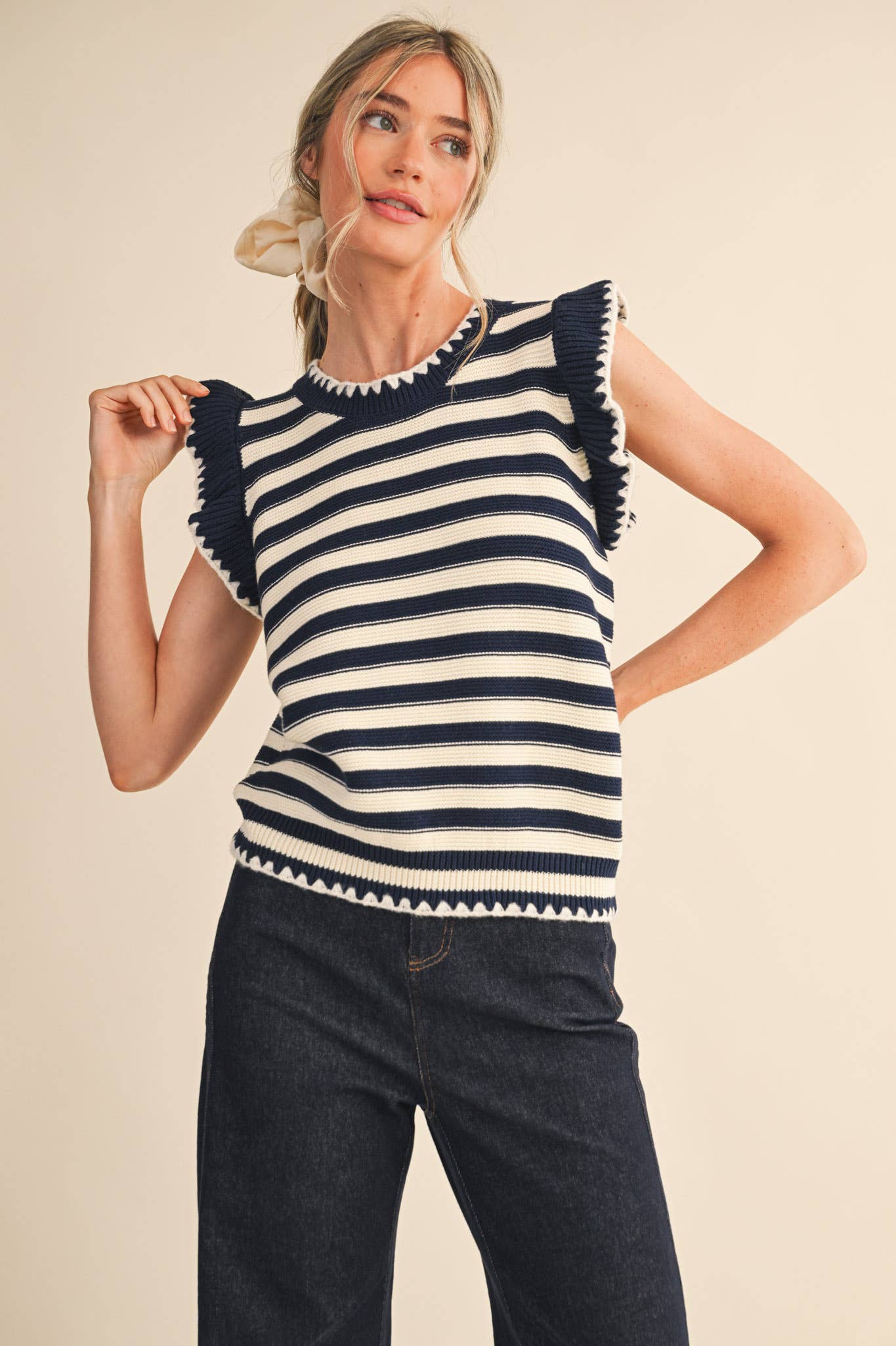 STRIPED FLUTTER SLEEVE SWEATER TOP