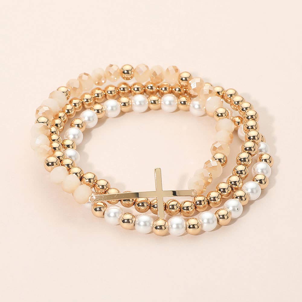 3PCS - Cross Charm Pearl Metal Ball Faceted Beaded Stretch Multi Layered Bracelets