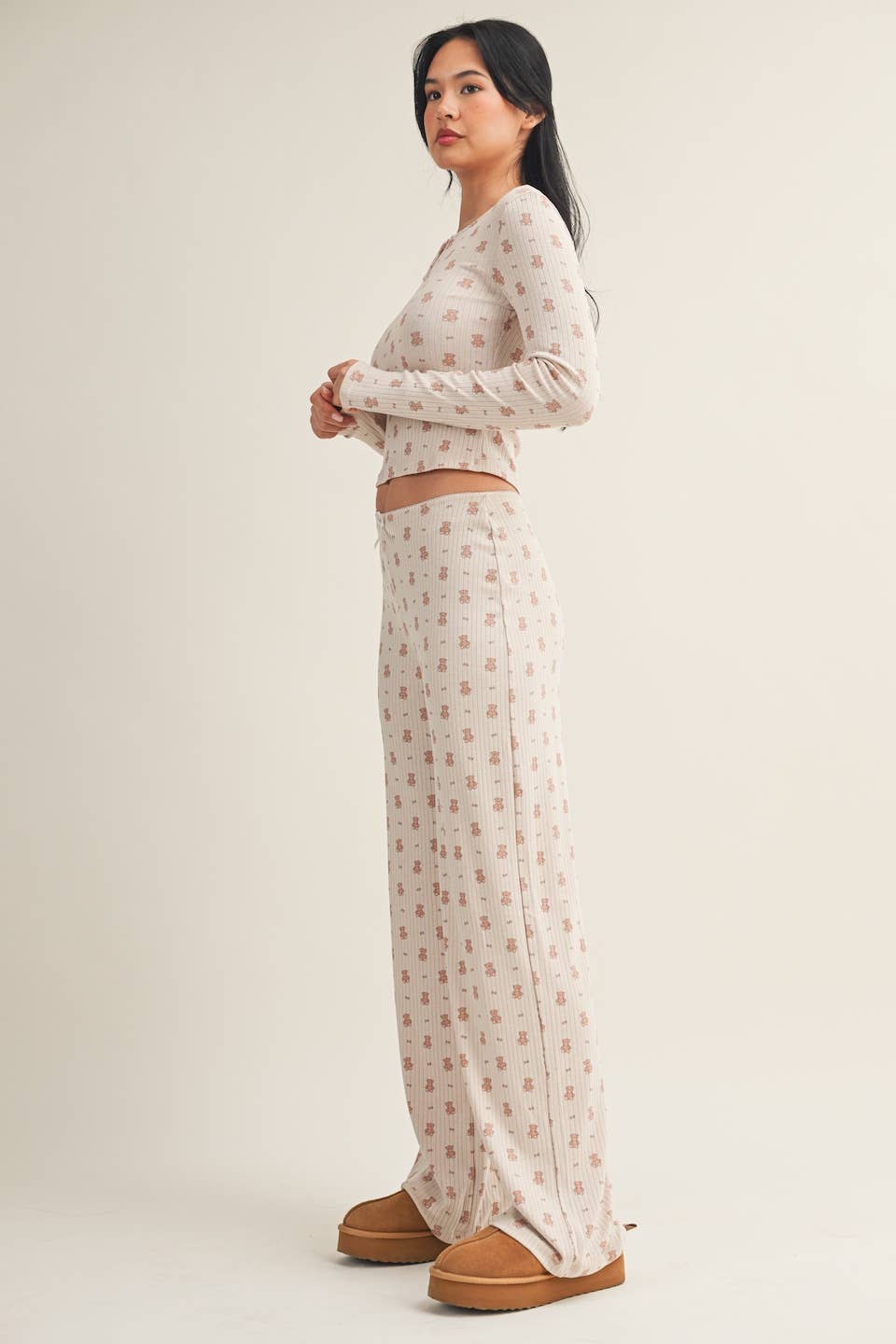 Crewneck Teddy Bear Print Pointelle Lounge Set