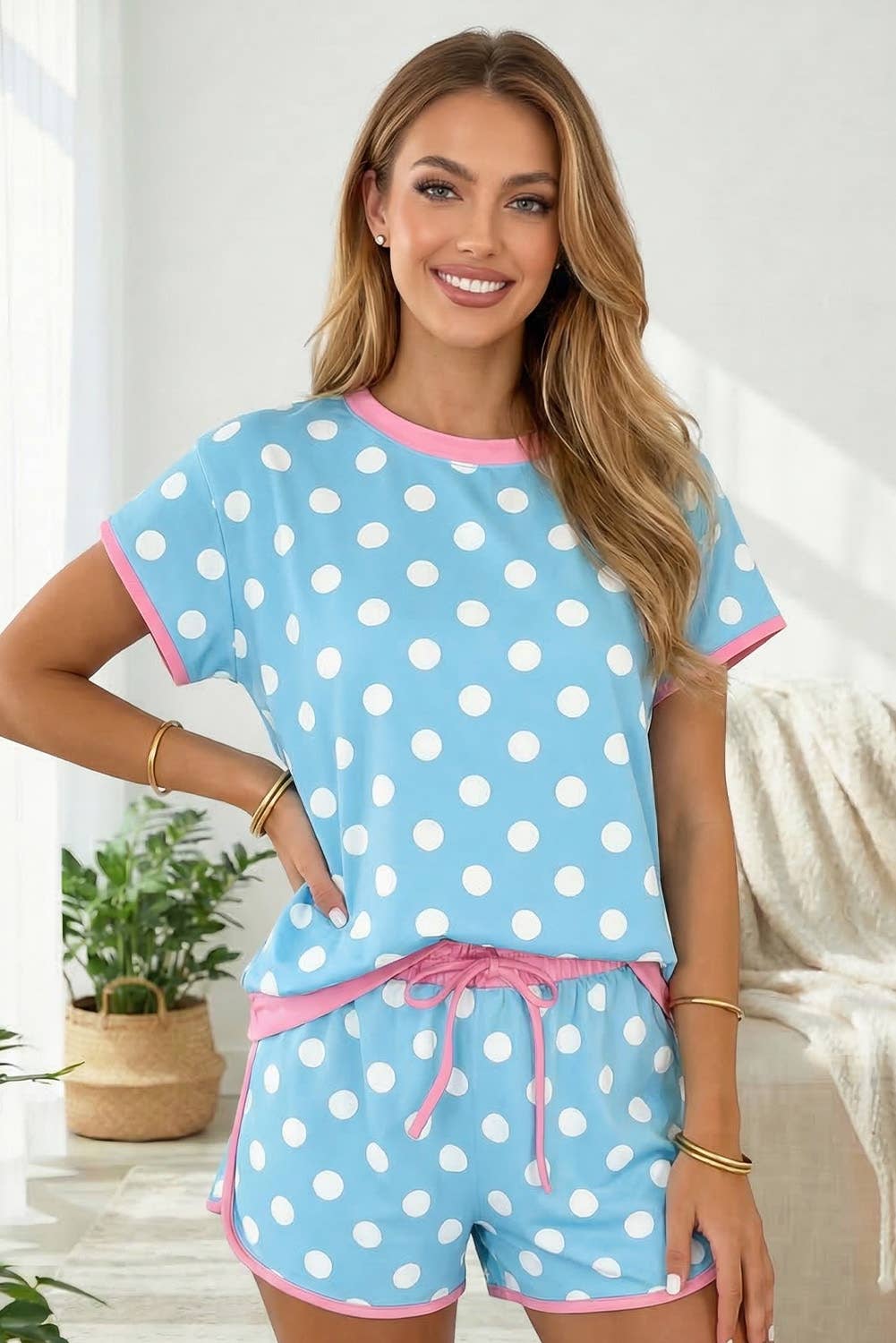 Polka Dot Contrast Edge Casual Short Set
