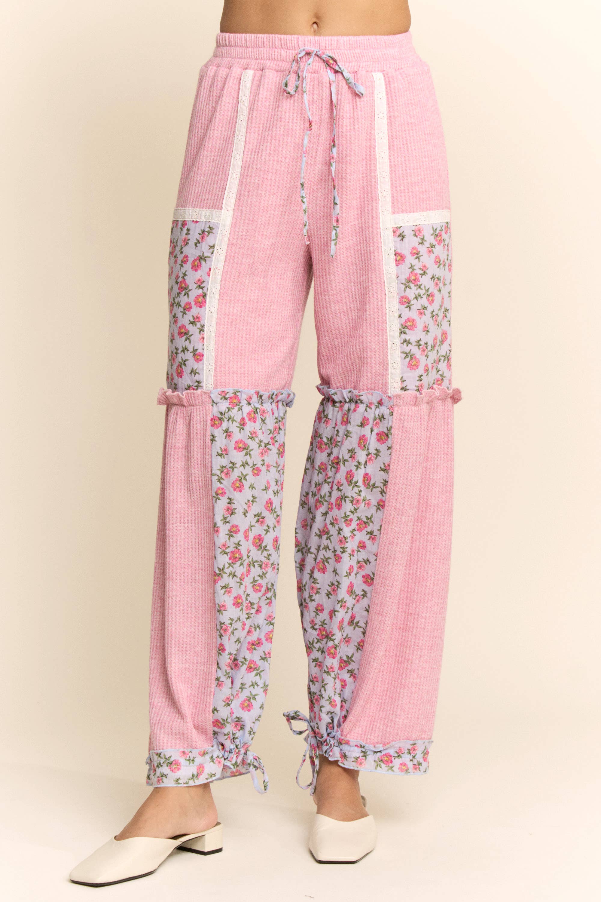 WAFFLE KNIT FLOWER PRINT LACE ELASTIC WAIST PANT