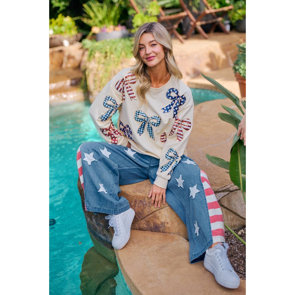VINTAGE WASHED AMERICAN FLAG STAR CHAMBRAY PANTS