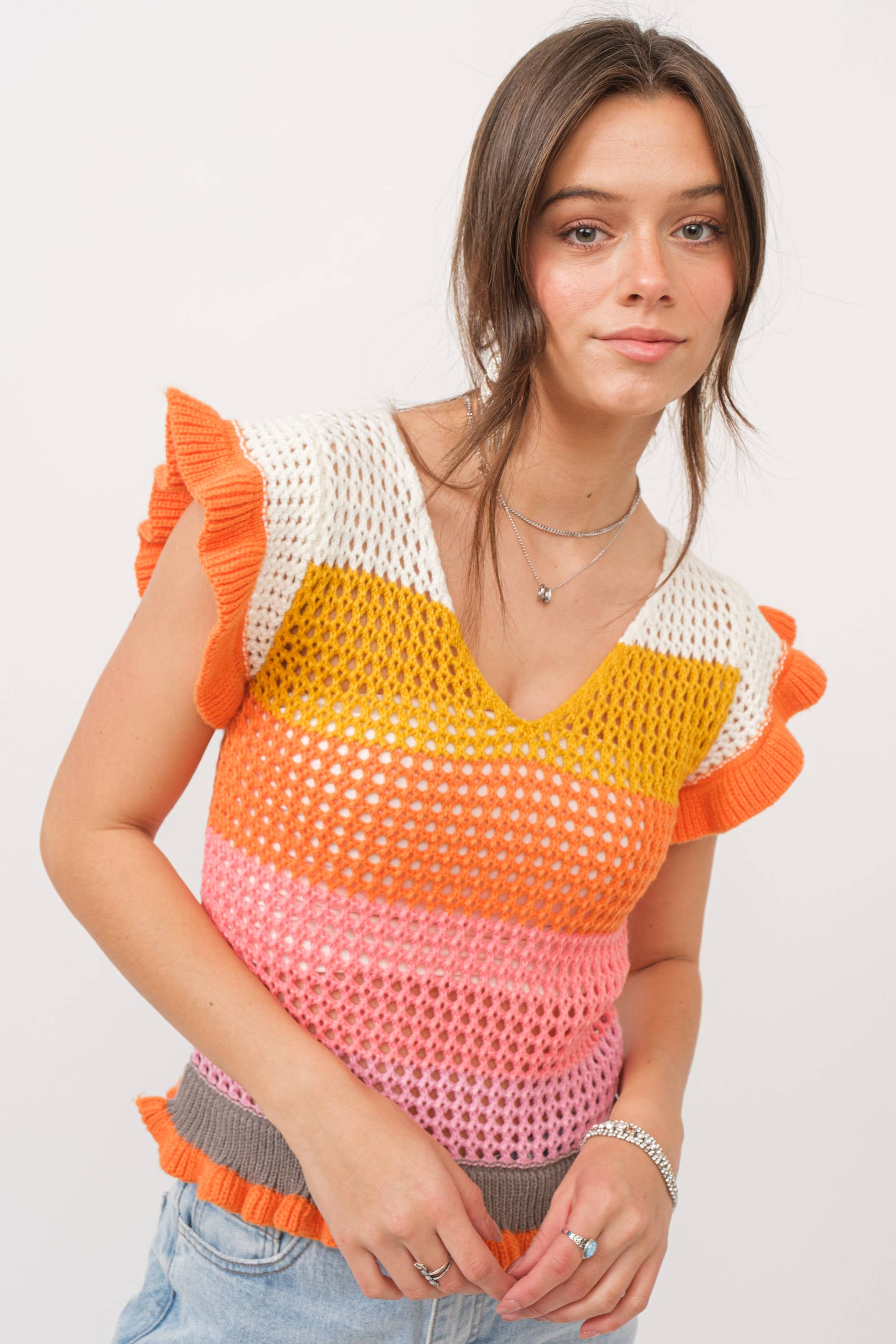 Crochet Knitted Multi Stripe Ruffle SLV Sweater Top