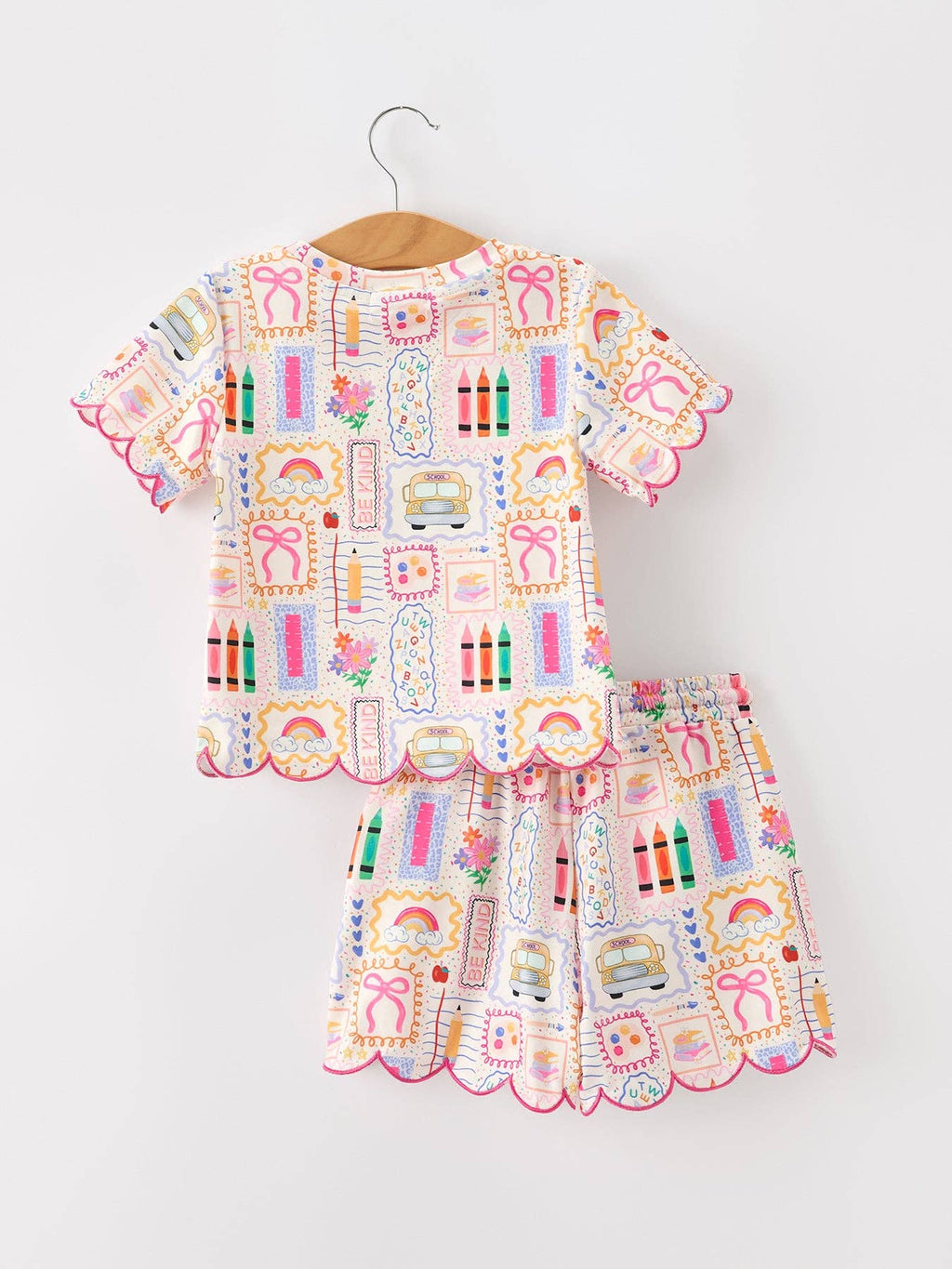 Back to School Print Girl Short Set Scallop Hem