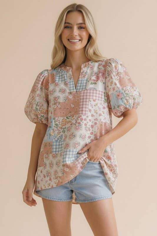 Plus Notch Neck Puff Sleeve Floral Patchwork Top